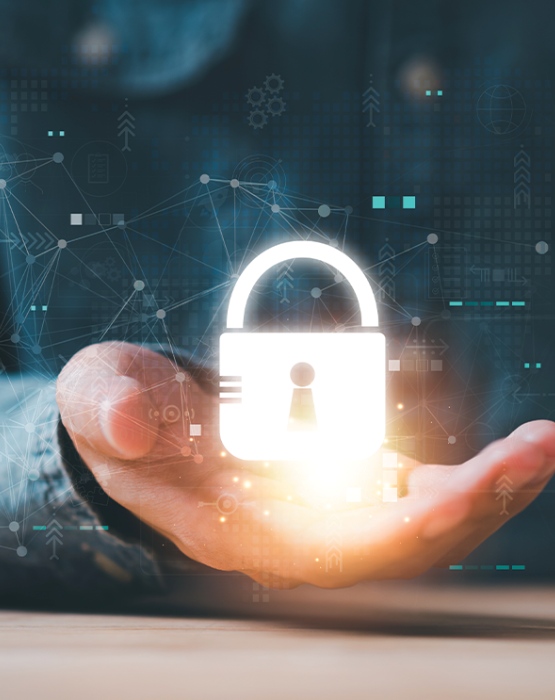 a hand holding a virtual security lock