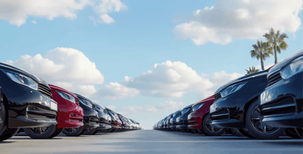 Car dealership filled with various automotive makes and models.