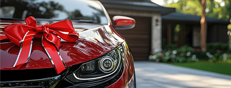 New car with a bright red bow on the hood, parked in a driveway, symbolizing a recent purchase or gift.