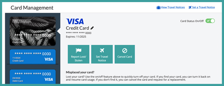 Card Management screen in the First Financial's Online Banking.