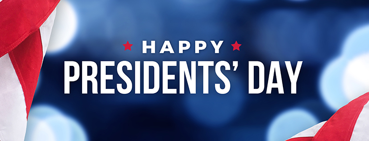 Happy Presidents' Day text over blue-lights textured background and American flags.