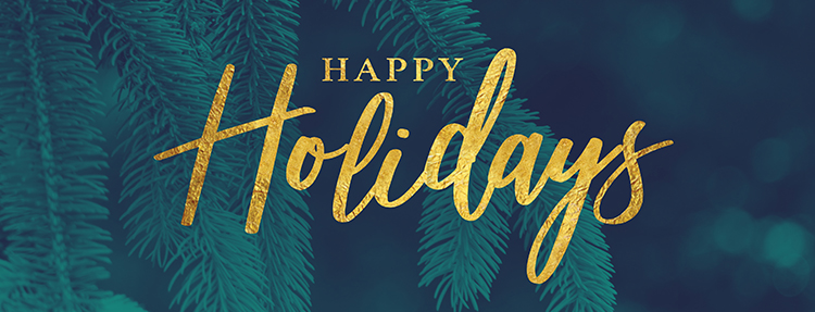 Gold Happy Holidays Christmas calligraphy script with Evergreen tree background.