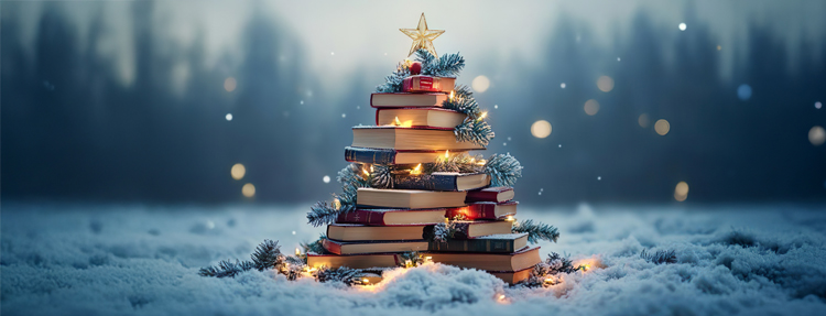 Colorful books in the form of a Christmas tree.