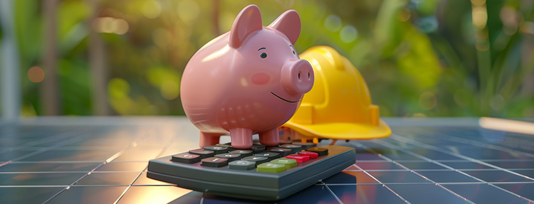 Piggy bank standing on a calculator– hard hat in the background.