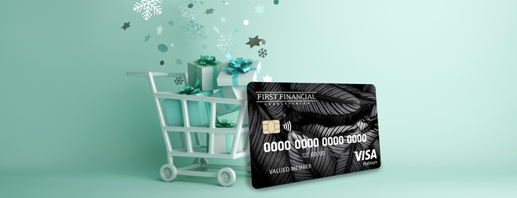 Winter abstract design of shopping cart, gift boxes, snowflakes, confetti glitter, and a Platinum Visa credit card.